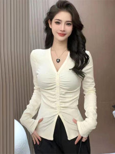 Áo Thun Nữ Dáng Ôm Cổ Chữ V Dài Tay Phong Cách Hàn Quốc Thu Đông Mới Về Khóa Cài Thắt Eo Thon Gọn Vai Thường Ngày