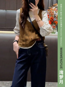 Fashionable Vintage Knitted Vest And Long Sleeve Shirt Set Early Spring Simple Style Womens Clothing Two-Piece Suit Polyester