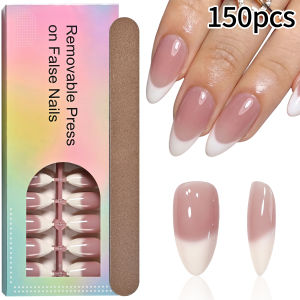 150Pcs Nude Pink Ombre French Tip Fake Nails Medium Almond Press On Nails for Wedding Dating Daily Wearable False Fingertips TD