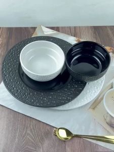 ชามเซรามิค จานสเต๊ก จานชามสไตล์ ยี่ปูน 12.8 นิ้ว ขาว/ดำ 6.25x2.75 นิ้ว ขาว/ดำ