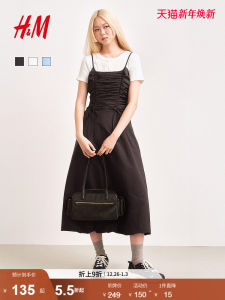 H&M Womens Vest Strap Dress Winter New Bubble Skirt Square Collar French Waist Cinched Dress Cotton Nylon Casual Dress
