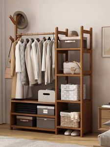 Bamboo Wardrobe Cabinet with Drawer With Storage Cabinet Floor Standing Bedroom Coat Rack Room Hanging Clothes Rack