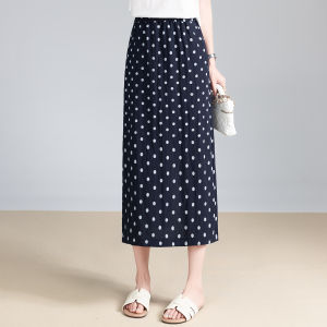 MEITESIJIAONU | Navy Blue Rayon Linen Polka Dot Thin Half Skirt