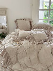 French Style Pure Cotton Bedding Set Princess Wind Washed Cotton Four Piece Set Includes Duvet Cover Sheet with Lace Edges Bedding Accessories