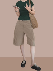 Shalldoer | กางเกงขายาวทรงหลวมเอวสูงสีกรมท่าสำหรับผู้หญิง ทรงหลวม ทรงตรง ทรงห้าส่วน กางเกงขายาวทรงสั้นฤดูร้อน