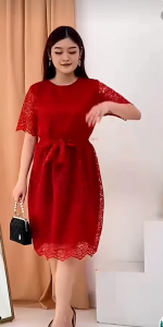 Dress Melisa Brukat Corneli Tebal + Belt / Dres Pesta Kondangan Natal Imlek