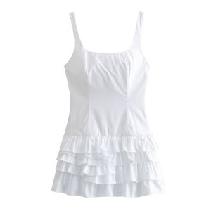 Váy Ngắn Không Tay Màu Trắng Mới OSHOOON Mùa Hè Váy Xếp Ly Ren Xếp Lớp Váy Chữ a Cạp Cao Không Tay Váy Nữ