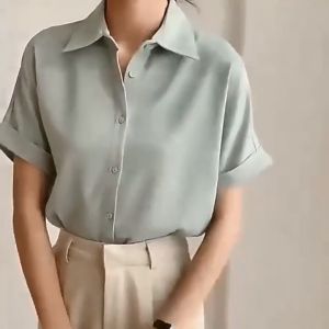 Plain color polo blouse for women summer korean short sleeve top loose casual simple shirt