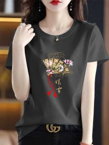 เสื้อยืดผ้าฝ้ายสําหรับผู้หญิงหลวมพอดีฤดูร้อนพิมพ์เสื้อผ้าแขนยาวสไตล์ศิลปะ Crewneck แขนสั้นเสื้อผ้าทํางาน