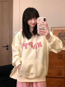 Cute Embroidered Letter Long Sleeve Hoodie Womens Pink Sweatshirt Comfortable Loose Fit Drawstring Korean Style Streetwear