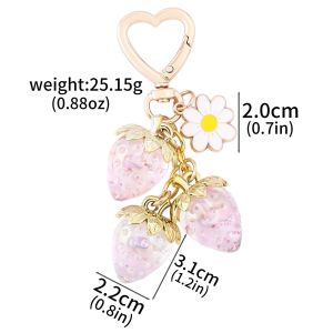 Cute Strawberry Keychain Three Red Crystal Strawberries And Cute Heart Flower Daisy Keychain For Women Bag Charm Jewelry Gifts