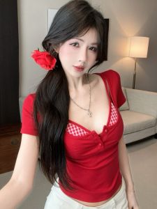 GUZILIAN | Summer New Pure Desire Short Sleeve T-Shirt Bra Top Unique Beautiful Strap Vest Women Inner Wear Sleeveless Top Two Piece Set