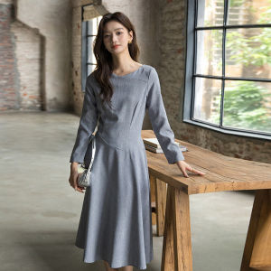 French Style Long Gray Dress Hepburn Elegant Full Skirt Midi Womens Dress Spring Autumn New Arrival Vintage Gored Skirt