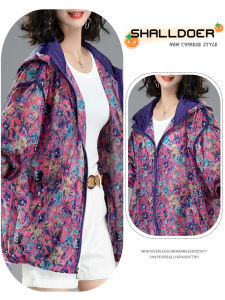 Summer 2025 Womens Ice Silk Sun Protection Outerwear Loose Fit Printed Long Sleeve Hooded Jacket Thin Top Windproof Fashionable