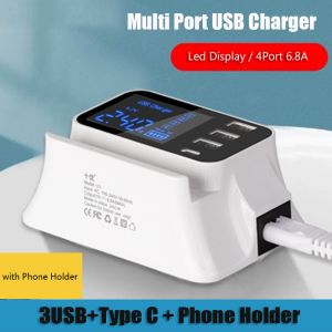 Multi Port USB Charger Station 4USB Type C Fast Charging Smart Charge Wall Charger with Led Display for Mobile Phone Tablet Accessories