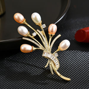 Real Gold Plating Natural Freshwater Pearl Bouquet Brooch Female Suit Outwear Coat Corsage Dress Accessories Gift