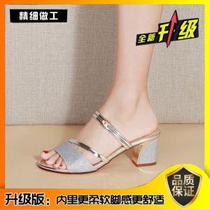 Princess Style Fashion Sandals Women 2025 Summer New Coarse Heel mid Heel One Shoe Two Wear Cool Slippers for Women