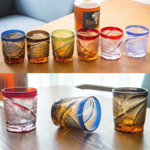 240ml 8.5 oz Japanese Style Edo Kiriko Multi-Colored Whiskey Glass Tumbler Hand Cutting Pattern Of Peacock Opening Tail In Gift Box