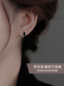 Miss Z 999 Pure Silver Black Square Ear Clip Sterling Silver Earrings 2024 New Arrival Best Selling Hong Kong Style Retro Earrings for Men and Women