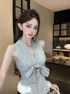GUZILIAN | French Butterfly Knot Stripe Neck Hanging Strap Vest Women Summer New Design Slimming Top Trendy Short Korean Style Commute