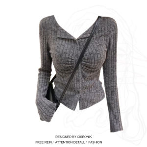 เสื้อคาร์ดิแกนผ้าถักแขนยาวคอแบะไซส์ใหญ่สไตล์เกาหลีสำหรับสาวอวบเสื้อคอวีเก็บเอวใส่แล้วดูผอมเพรียวแฟชั่นสไตล์เผ็ดหวานใส่ช่วงฤดูใบไม้ร่วงสำหรับผู้หญิง