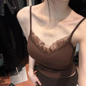 chaqi | Pure Desire Spicy Lace Trim Camisole Womens Vest With Chest Pad Autumn Winter New Style Flocking Inner Wear Base Shirt Beautiful Back