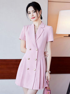 ชุดเดรสสูทสีชมพู แขนสั้น ทรงเอ เอวสูง แฟชั่นฤดูร้อน สำหรับผู้หญิงไซส์ใหญ่ ชุดทำงาน ชุดเดรสสีชมพู ชุดเดรสยาวคลุมเข่า