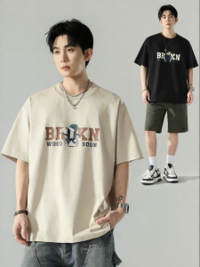 Wood soon | Retro American High Street Fashion T-Shirt Summer Heavyweight Round-Neck
