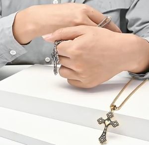 Kemstone Retro Heart Cross Stainless Steel Mens Pendant Necklace Jewelry