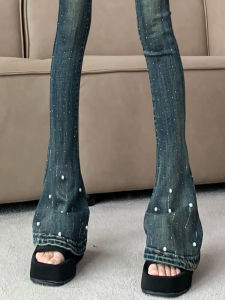 Retro Weila Denim Womens Summer Stylish American Beaded Rhinestone High-Waisted Trousers Stretch Tight Mop Horseshoe Pants
