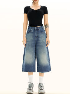 Quần Short Denim Ống Rộng Cạp Cao Phong Cách Đường Phố Mỹ Dành Cho Nữ Mùa Thu Đông Quần Jeans Rách Rưới Quần Jeans Ống Rộng Đa Năng