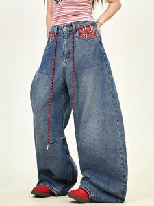 กางเกงยีนส์ทรงตรงผู้ชายผู้หญิงทรงหลวมสบายๆ ขากระบอกกว้าง ความยาวถึงพื้น ลายสก็อต ทรงหลวม กางเกงยีนส์ทรงหลวมสบายๆ