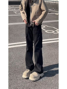 Black Cleanfit Micro Flare Jeans Men Slimming Leg Lengthening High Street Straight Leg Long Pants mid Low Waist Zipper Closure