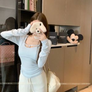 GUZILIAN | Slim Fit Long Sleeve U Neck Blue T Shirt Womens Style Autumn Winter Design Sense Pure Desire Hot Girl Base Layer Shirt Top