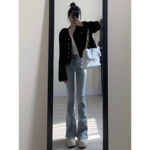 กางเกงยีนส์ขาม้าเอวสูงสีฟ้าอ่อนสำหรับผู้หญิงกางเกงทรงกระดิ่งยาวพิเศษออกแบบพิเศษสำหรับคนตัวเล็กแบบใหม่ฤดูใบไม้ผลิปี2023