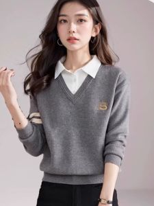 Western Style False Two-Piece Suit Tops Womens Spring and Autumn 2024 New Arrival Shirt Collar Knitting Bottoming Shirt Casual Outerwear Sweater