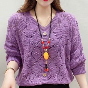 Womens Sweater Plus Size Thin All-Match Solid Color Hollow Button Sweater V-Neck Button Cardigan Sweater