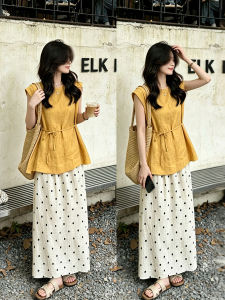 XUECAIQI | Youthful Sleeveless Top and Dotted High-waist Skirt Set