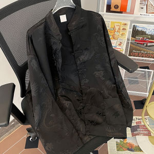 New Chinese Style Dark Dragon Pattern Buckle Chinese Style Tang Suit Shirt Mens and Womens Spring Fancy Non-Ironing Ice Silk Long Sleeve Shirt