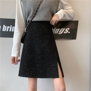 Large Size A-Line Mini Skirt Womens Autumn Winter Woolen Bright Sequin Slit Light Maturity Style Commute High Waist Midi Skirt
