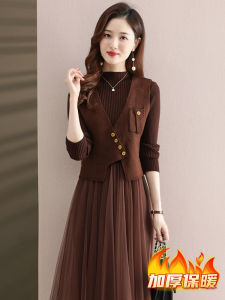 New Chinese Style Womens Knitted Sweater Vest Irregular Set Spring Autumn Short Length Single Button Commute Style