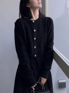 QINGNAER | French Style Soft Plus Size Black Beaded Knitted Cardigan