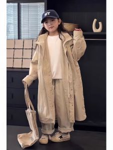Girls Wind Coat Spring and Autumn 2024 New Arrival Childrens K-style Long Casual Outwear Shell Jacket Long Sleeves Hooded Fashion