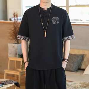 Retro Chinese Style Mens Shirt Cotton Linen Seven-Quarter Sleeve Summer Breathable Casual Top Hanfu Coat Standard Fit Youth Fashion