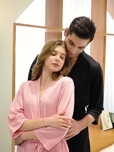 Men Women Bathrobe Waffle Transparent Summer Thin Robe Shower Plaid Dressing Gown Knee Length Breathable Nightgown Home Cloth