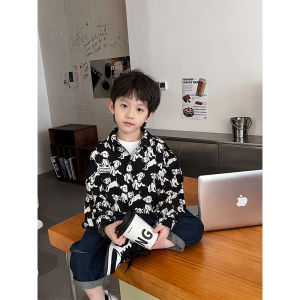 Childrens Black Cartoon Long Sleeve Shirt Baby Fashionable Streetwear Full Print Casual Style Boys Shirt Spring Autumn