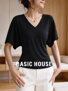 Basic House | Elegant Black V-Neck Batwing T-Shirt
