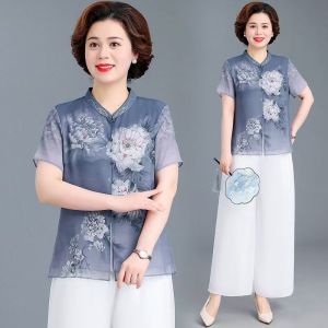 Cheongsam T shirt Imitation Silk Cheongsam Collar Short Sleeve Ice Silk Material T shirt Women Chinese Style Loose Fitting Women Silk Top Cover Bottom Shirt Summer New Women T Shirt
