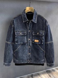 American Style Heavyweight Washed Denim Jacket Men Loose Multi-Pocket Patchwork Collar Spring Autumn Comfortable Casual Outerwear