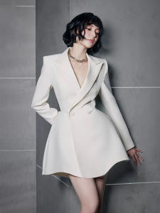 Elegant High Waist Suit Dress Womens Fashionable Slimming Skirt Long Sleeve Short Dress Polished Polyester Fiber Autumn Wear